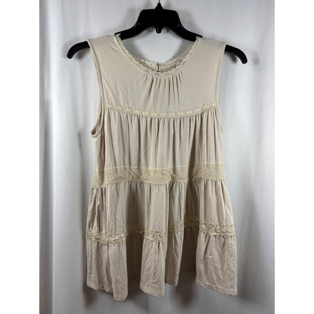 CY Fashion Womens Beige Tiered Lace Trim Babydoll Tank Top M5348 Medium NEW